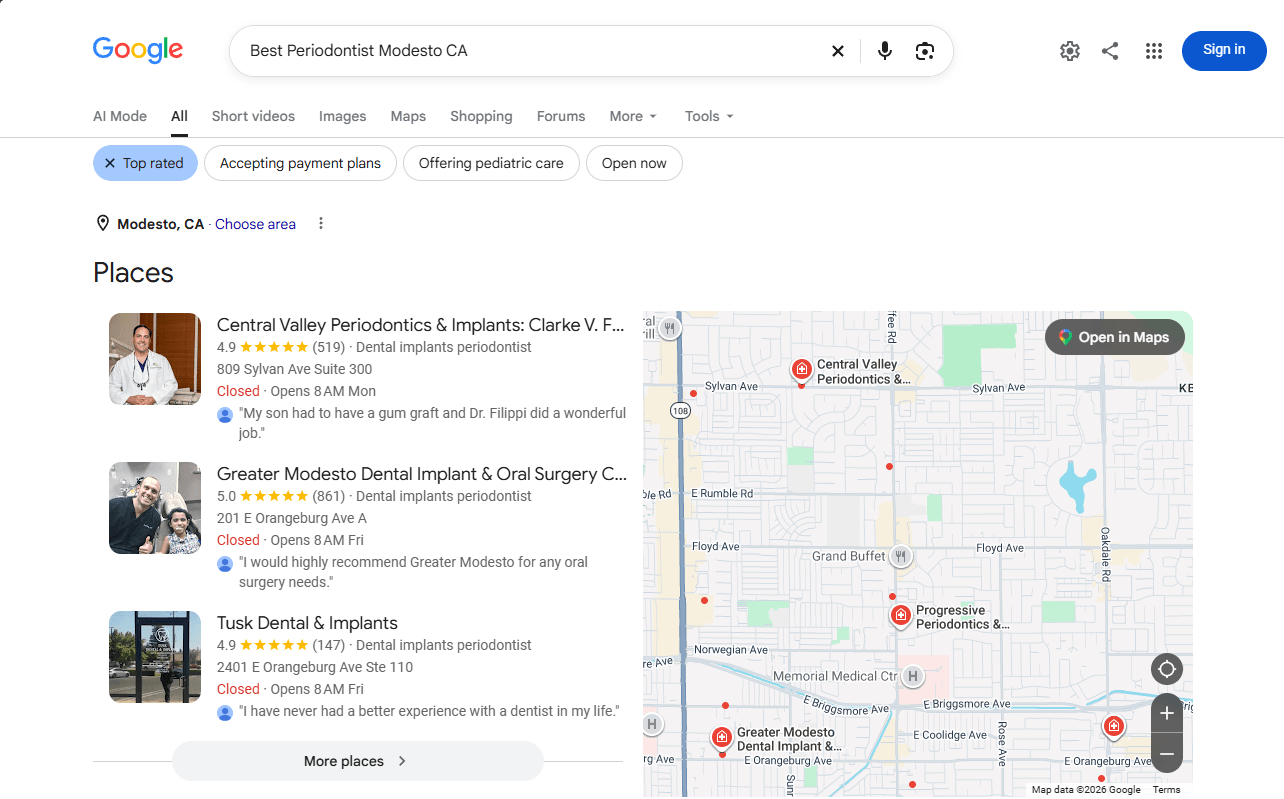 Google results for Best Periodontist Modesto CA with Top rated selected, showing Central Valley Periodontics and Implants first in the displayed map results.